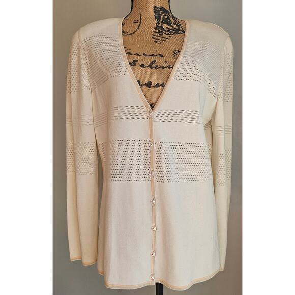 Escada Cardigan Knit Sweater Jewel Buttons Light Pastel Trim Viscose Blend, Sz L - Picture 1 of 11